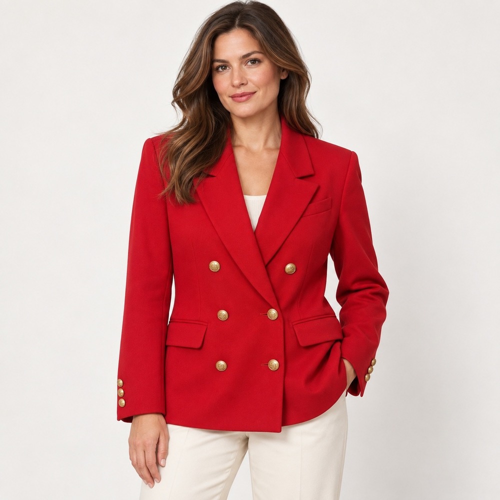 Red Double Breasted Gold Button Preppy Wool Blazer Womens 12 P Academia Heritage